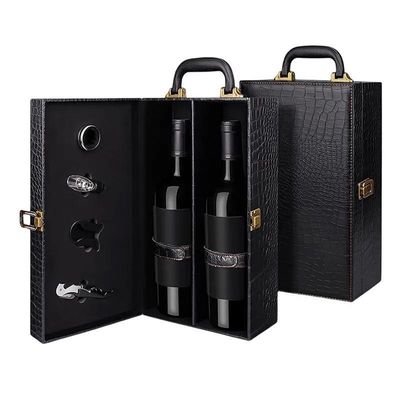 Altri regali Artiglieria Conservatorio di cuoio Scatola di vino e maniglie Bottiglia singola Reutilizzabile Scatola regalo Crocodile Grano Pu cuoio doppia bottiglia 750ml Red Wine Scatola